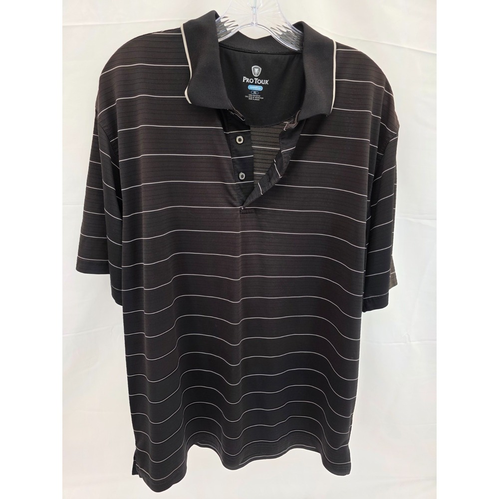 Pro Tour CoolPlay Men XL Polo Shirt Black Stripd Short Sleeve Golf Top Pinstripe